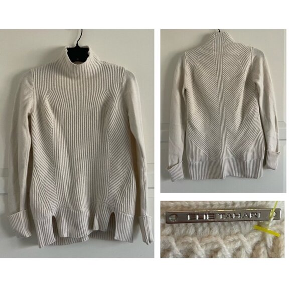 Elie Tahari Cream Wool Cashmere Blend Mock Neck Rib Sweater 20746 - Picture 1 of 9